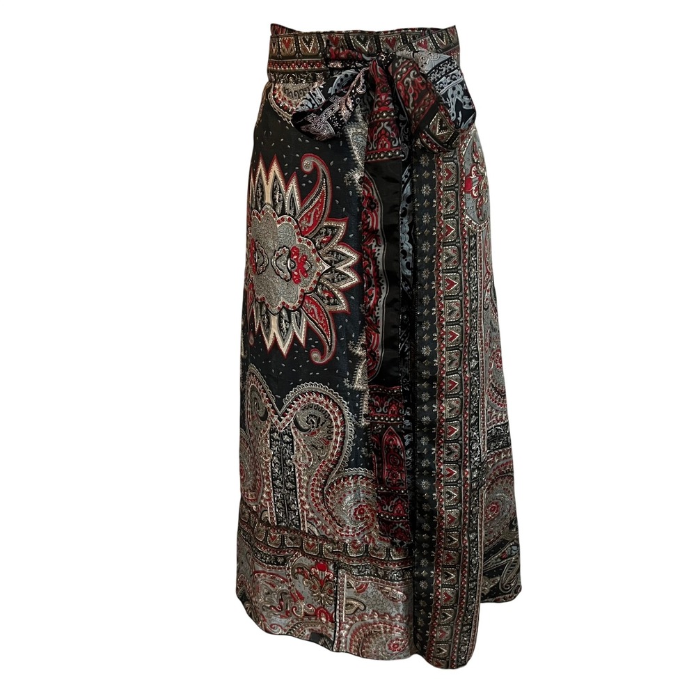 Vintage Black Red Satin Paisley Wrap Skirt Boho Maxi 90s WhimsyGoth Witchy XL - Picture 4 of 7